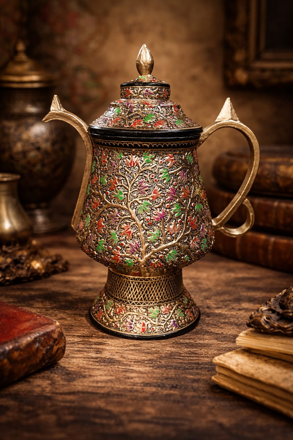  Kashmiri paper mache samavar with gold finish and hand-painted floral motifs for luxury home décor 
